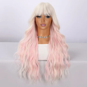 Sex Doll Long Wavy Blonde Pink Ombre Wig with Bangs